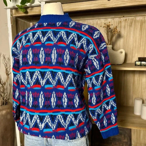 Vintage 1980s Bright Blue Geometric Knit Sweater Abstract Grunge Style Pullover - Picture 4 of 5